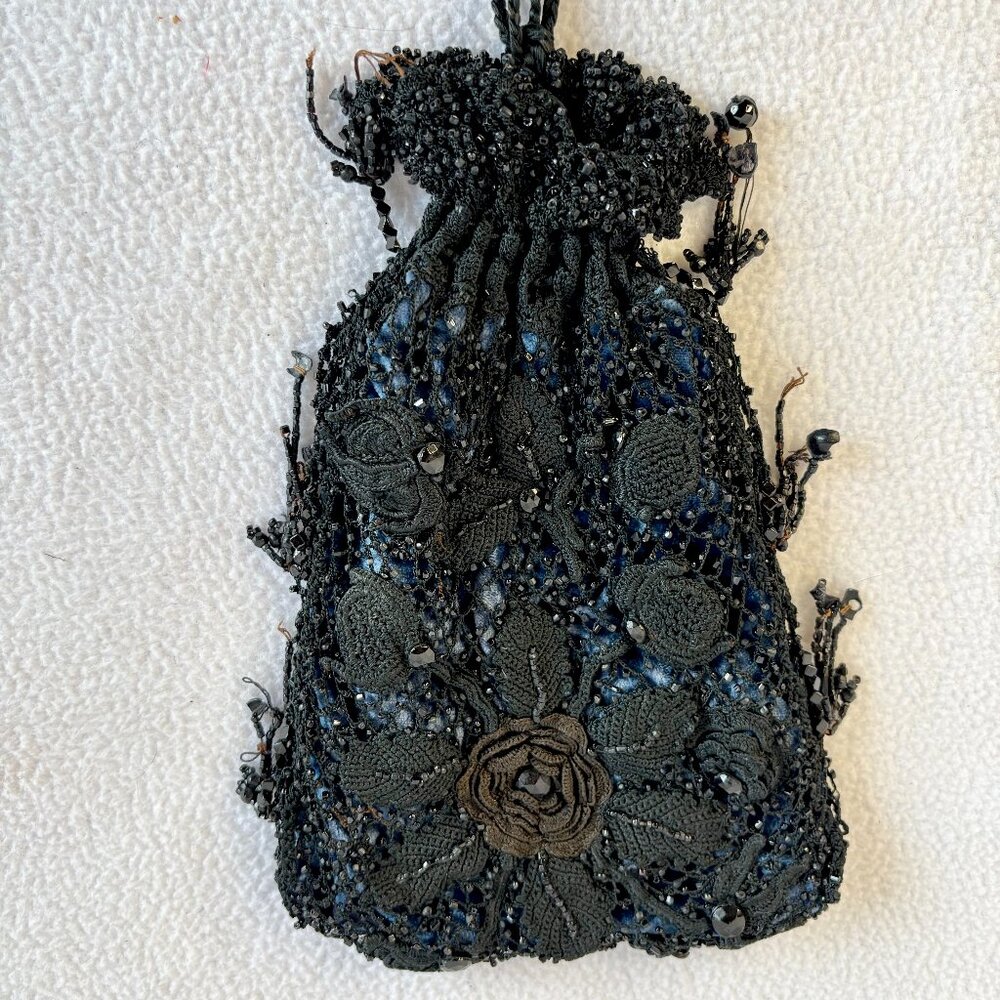 Antique Victorian Black & Blue Crocheted Beaded Drawstring Reticule Purse